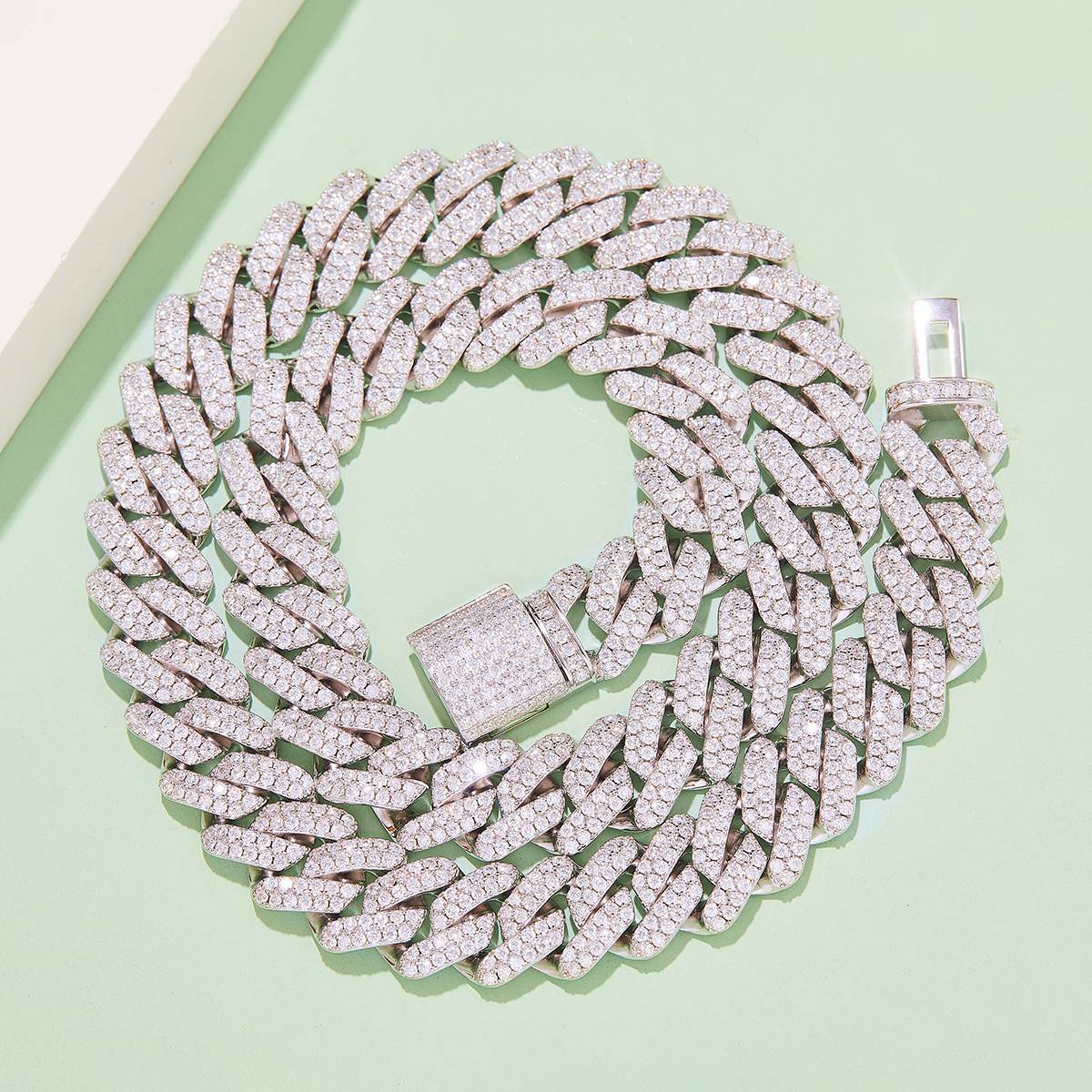 14mm wide Cuban chain S925 silver inlaid Moissanite round white DVVS